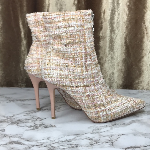 Pink tan tweed heel ankle booties silver zipper size 10 - Picture 4 of 7